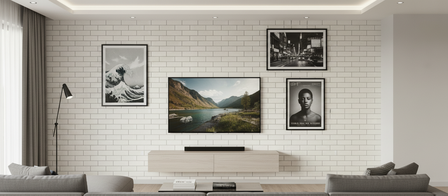 зона гостиной с декоративной плиткой под кирпич 